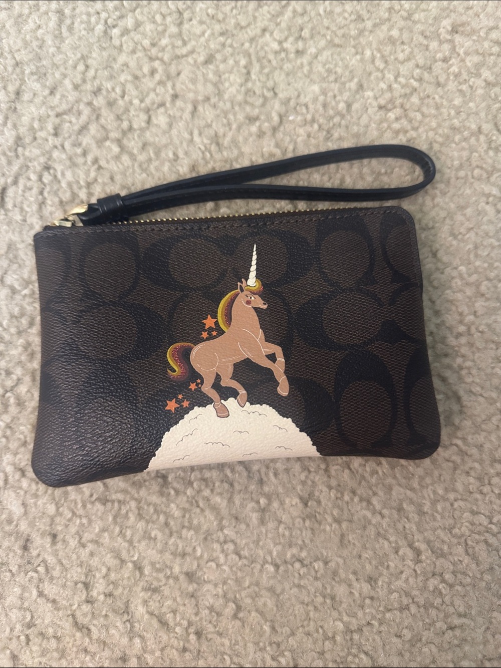 Coach Kids Brown Signature Unicorn Wristlet with Rainbow Accent